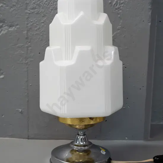 deco style table lamp with chrome Acme Metal Co. base, faceted milk glass shade, applied gold leaf on journal H-390