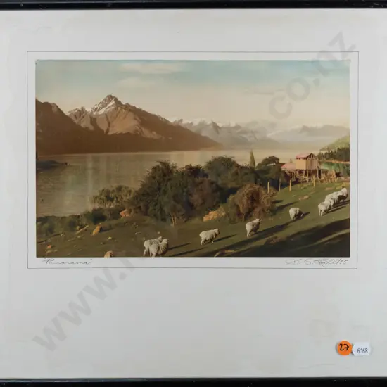 framed vintage hand coloured photograph "Panorama" - Lake Wakatipu H185 W300 (frame needs attention)