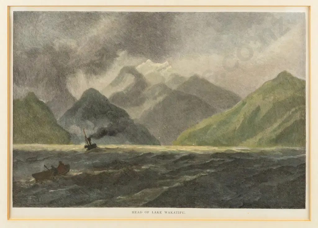 framed vintage print "Head of Lake Wakatipi" H-170 W-260 slight warping Image 1++