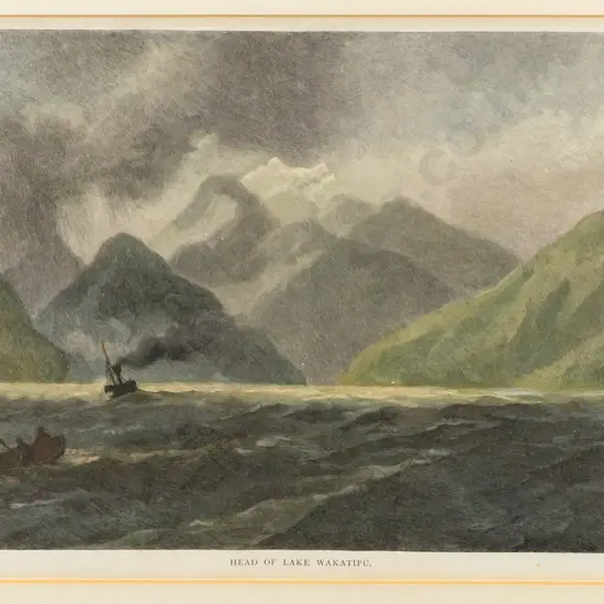 framed vintage print "Head of Lake Wakatipi" H-170 W-260 slight warping