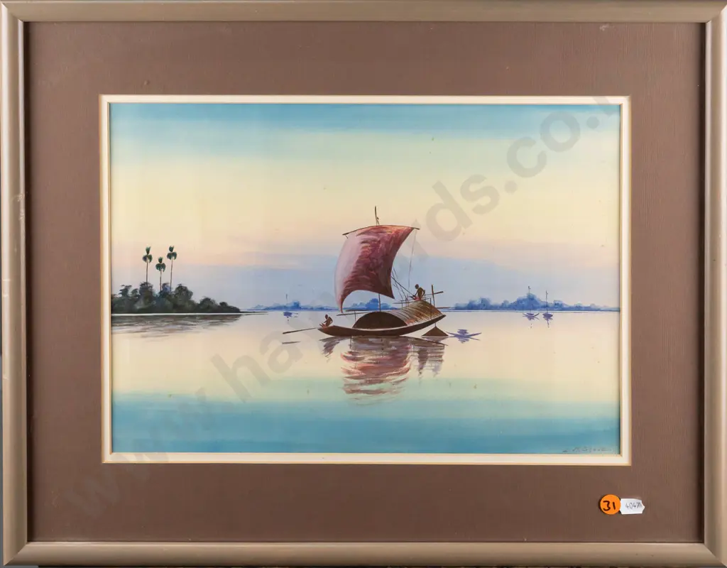 LM Ghose - framed watercolour - boats H240 W340  (slight foxing) Image 1++