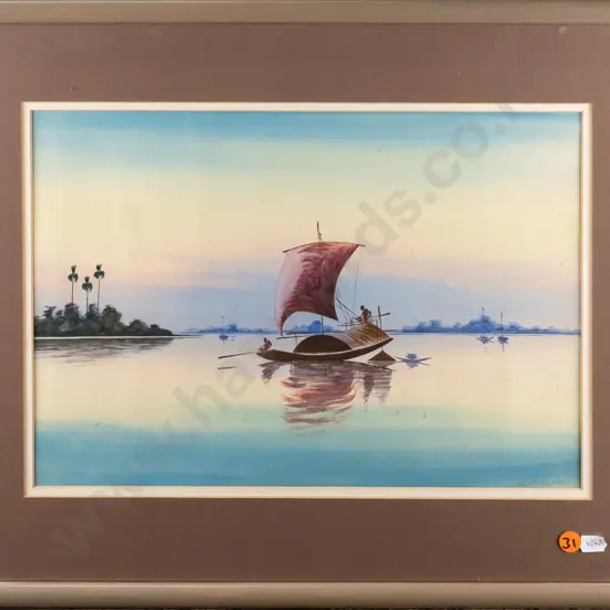 LM Ghose - framed watercolour - boats H240 W340  (slight foxing)