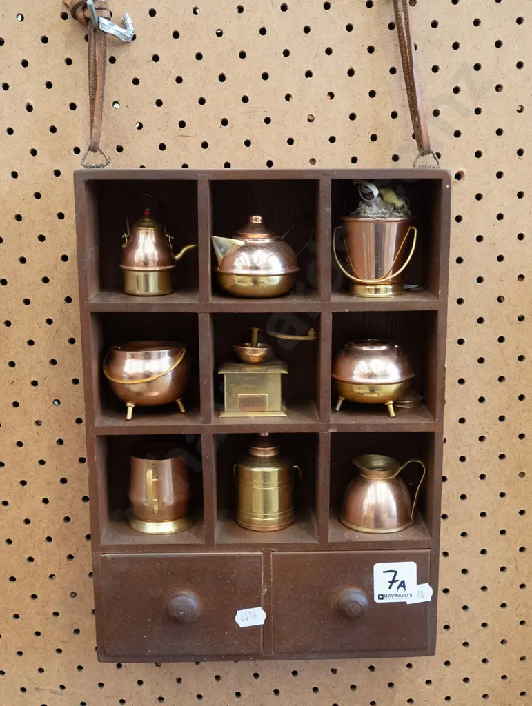 wall mounted display shelves with copper and brass miniatures H300 Image 1++