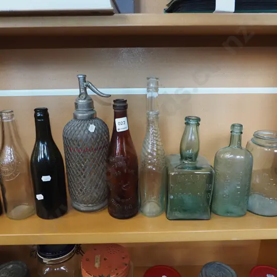 shelf; vintage bottles, jars, soda syphon
