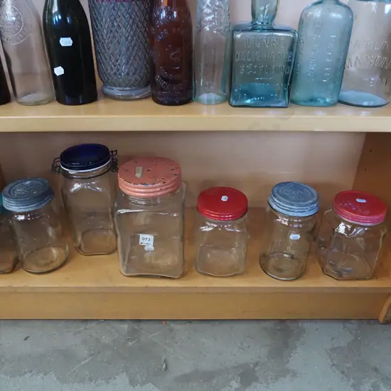 shelf; vintage lidded storage canisters
