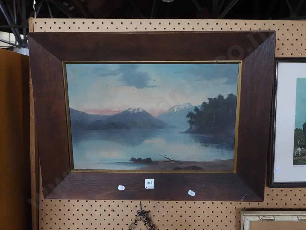 framed oil on board - lake and mountain scene - age damage Image 1++
