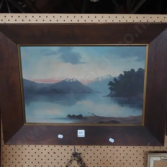 framed oil on board - lake and mountain scene - age damage