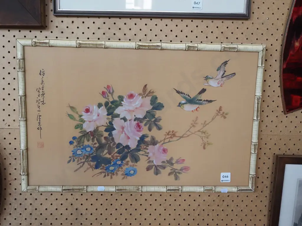 framed Asian watercolour on silk - flowers and birds Image 1++