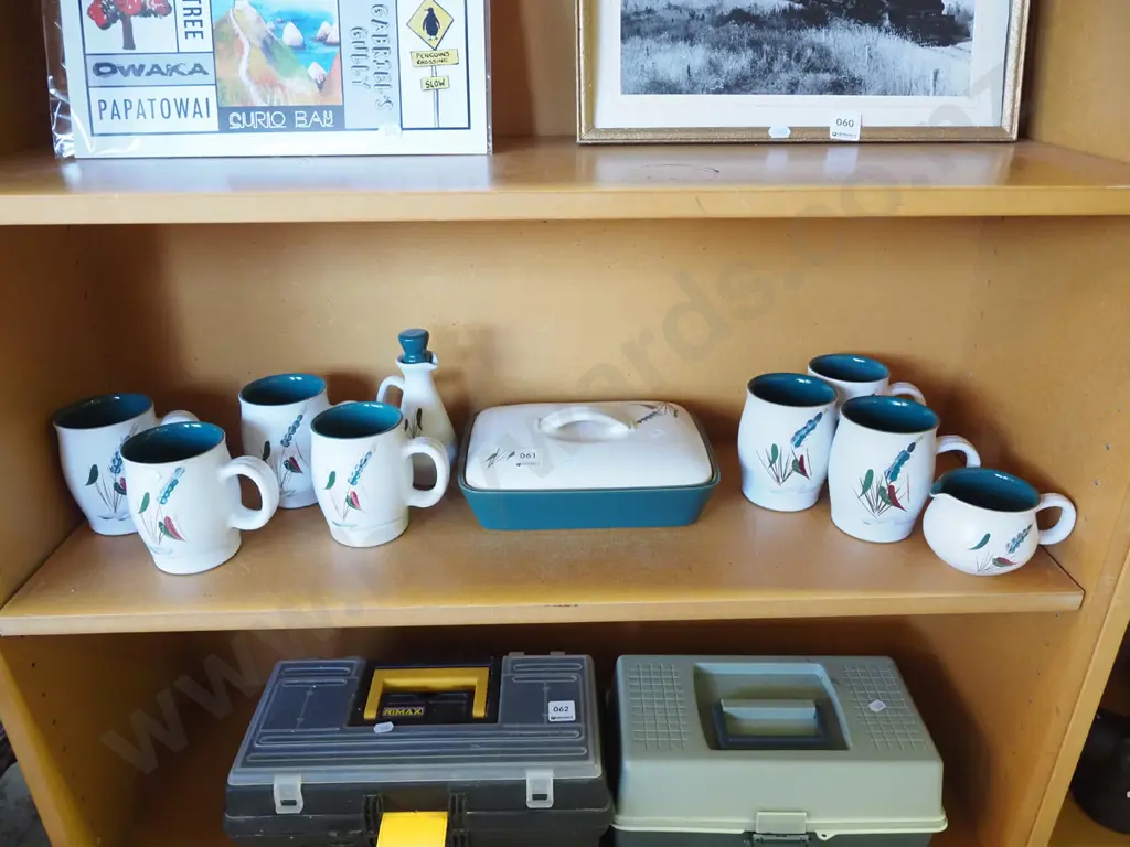 shelf of Denby green wheat; cups, baking dish, creamer etc Image 1++