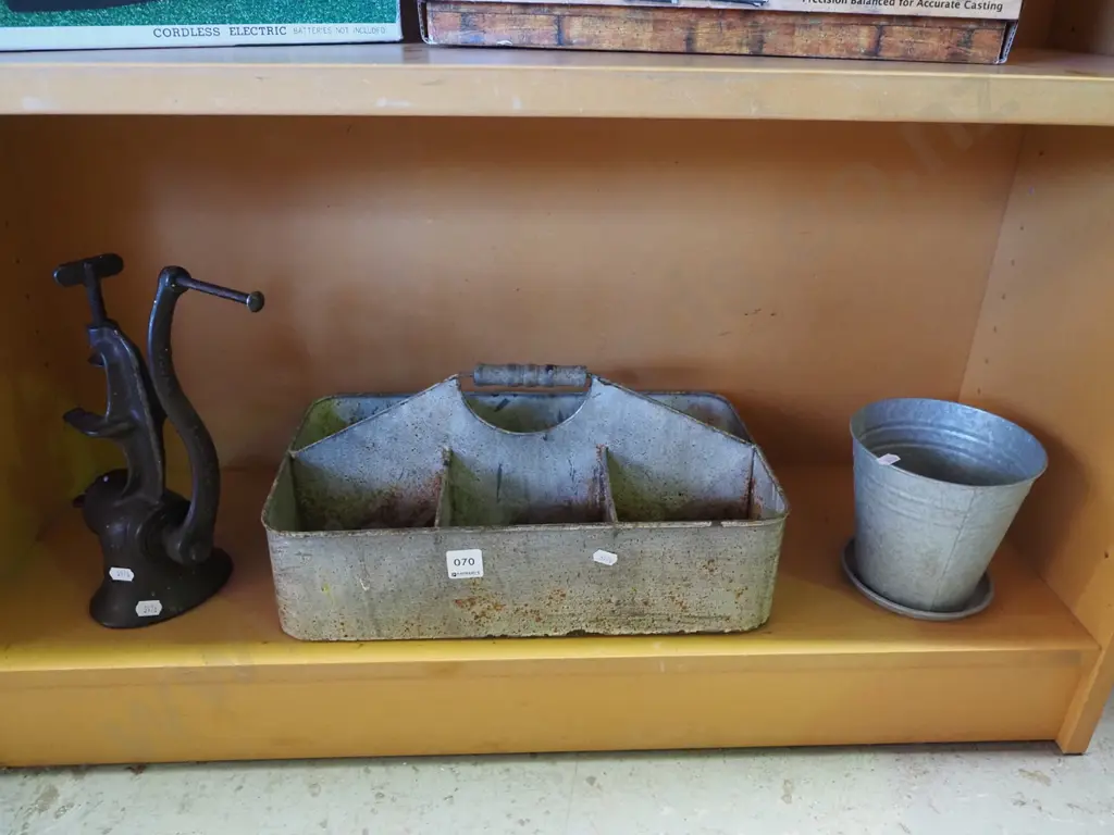 bench top mincer, segmented metal basket, tin garden planter Image 1++