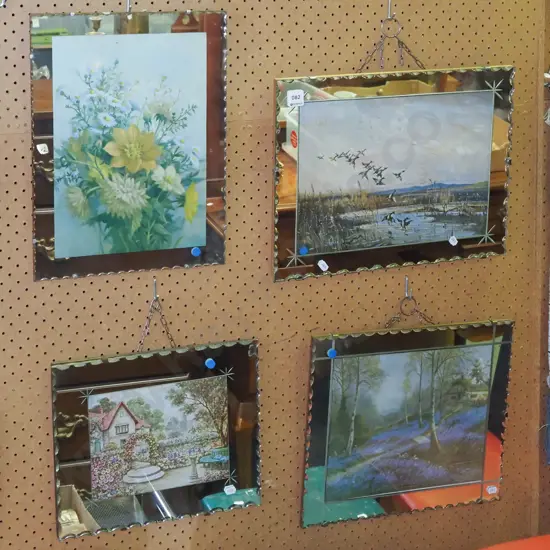 4x mirror framd prints - landscapes, flower - blue dots