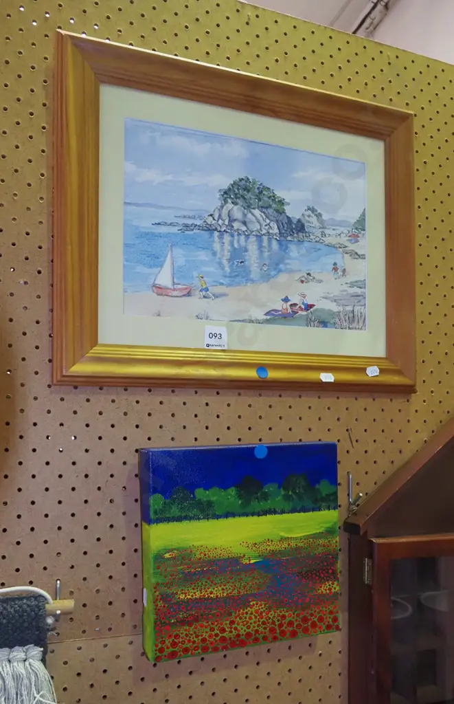 framed watercolour - beach scene, oil on canvas - poppy field Image 1++