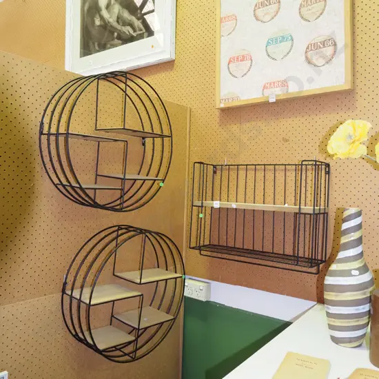 3x metal wall mounted shelves - green dots