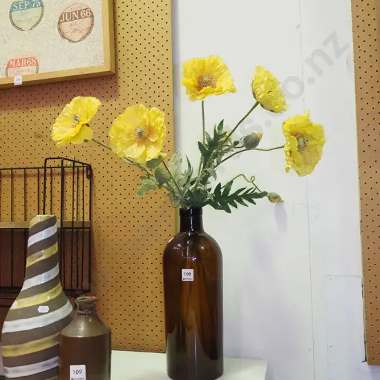 large amber bottle and faux flowers H370