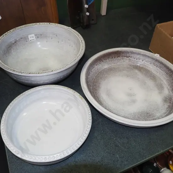 3x studio pottery bowls Largest Diam380
