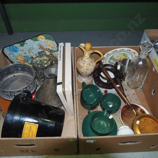 2x boxes; ice buckets, cups, bellows, decanter etc - green dots