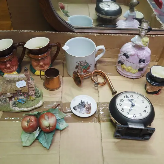 box; toby jugs, Lilliput Lane cottage, mantle clock etc
