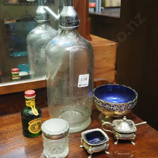 soda syphon, spirit miniature, open salt etc