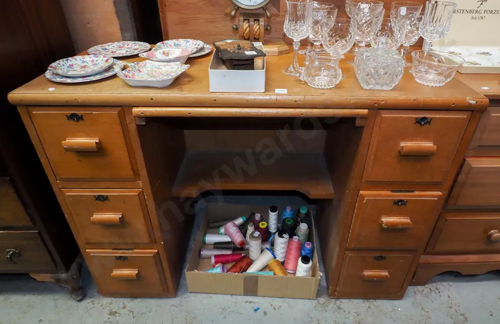 mixed timbers 6 drawer desk with pull out shelf H740 W1020 D420 Image 1++