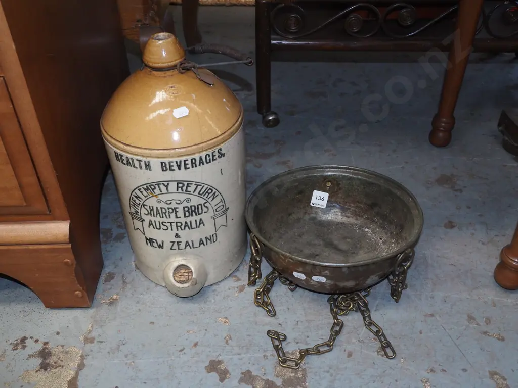 Sharp Bros bottle crock, metal hanging jardiniere basket Image 1++