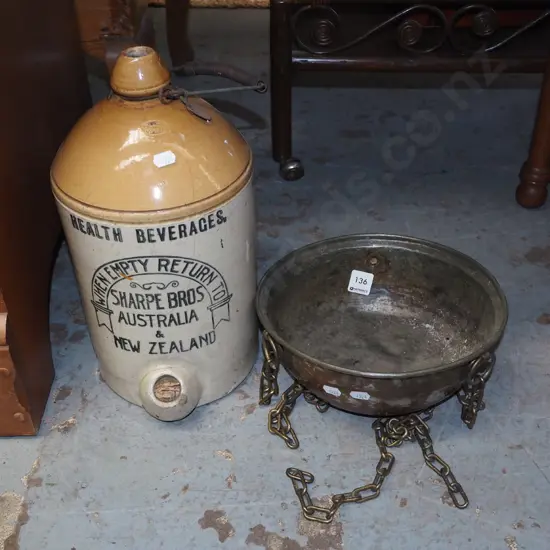 Sharp Bros bottle crock, metal hanging jardiniere basket