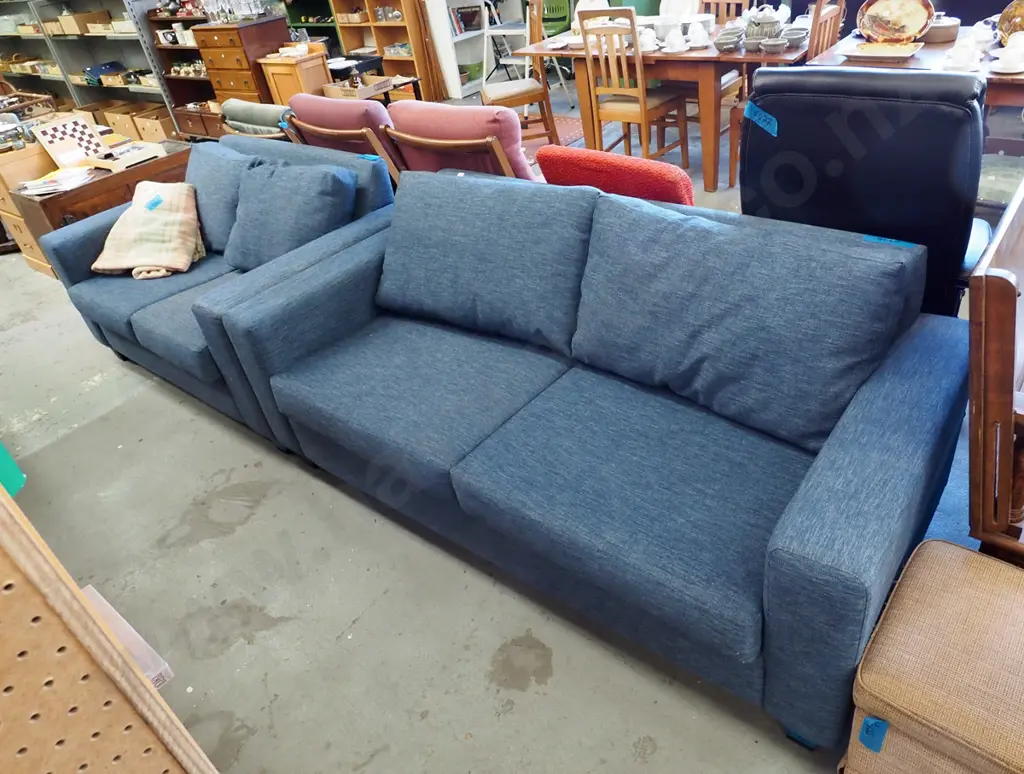 blue upholstered 2 piece lounge suite - 2 seater, 3 seater - good condition Image 1++