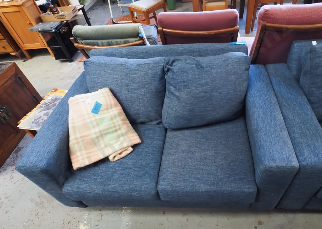 blue upholstered 2 piece lounge suite - 2 seater, 3 seater - good condition Image 1++
