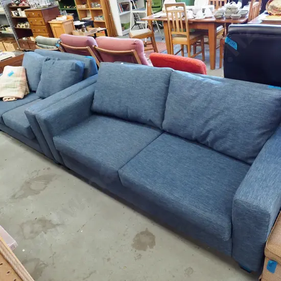 blue upholstered 2 piece lounge suite - 2 seater, 3 seater - good condition