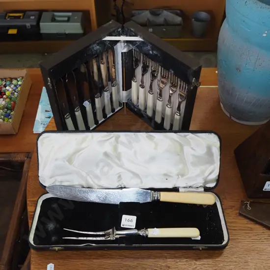 cased bone handled fish set, part bone handled carving set