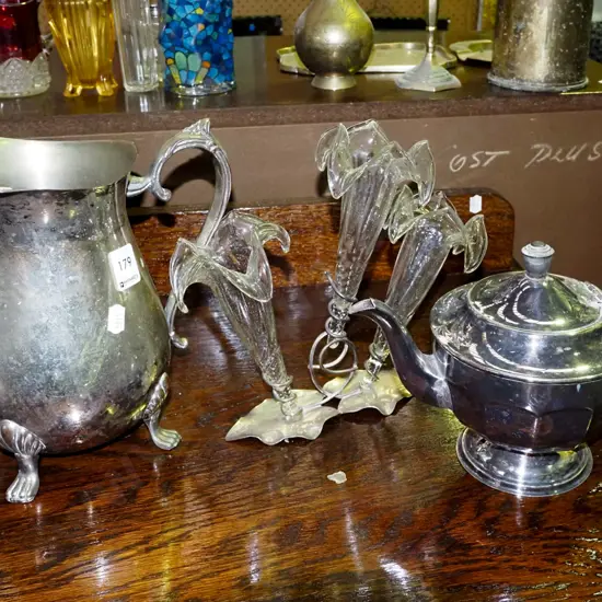 plated water jug, tea pot, epergne H210