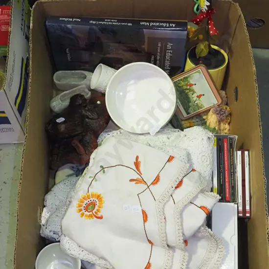 box; linen, tablecloths, CDs etc