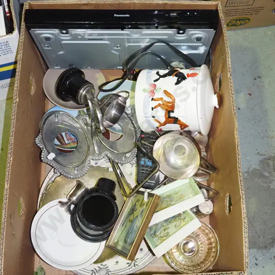 box; DVD player, plated trophies, biscuit barrel, prints etc