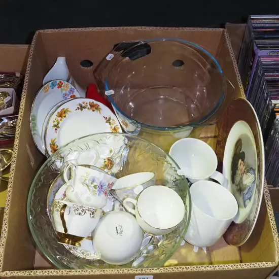 box; glass bowls, teacups, coffee mugs etc
