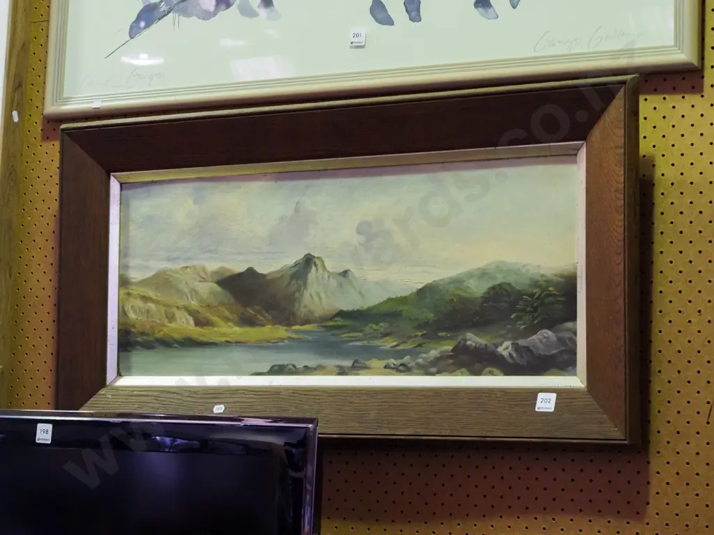 framed colonial oil on board - stream and mountain scene H900 W480 Image 1++