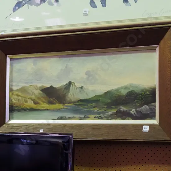 framed colonial oil on board - stream and mountain scene H900 W480