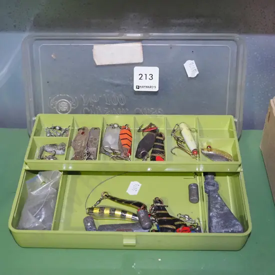small plastic tackle box, lures