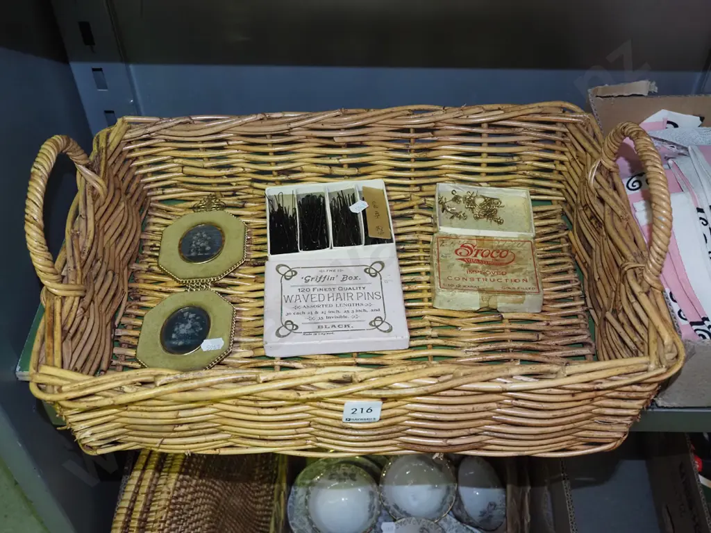 cane basket; hair pins, eye glass mounts, floral prints Image 1++