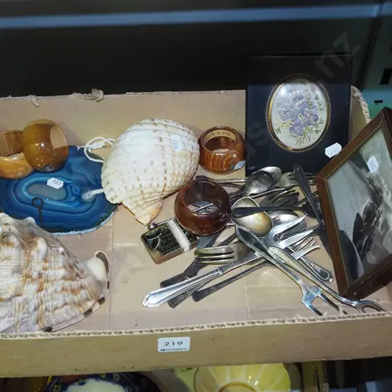 box; cutlery, seashells, napkin rings etc