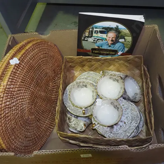 box; placemats, book, floral cups etc