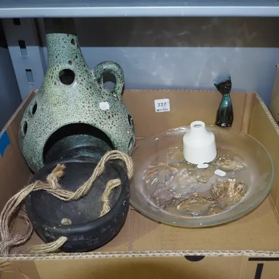 box; hanging jardiniere, goldfish themed plate, pie funnel etc