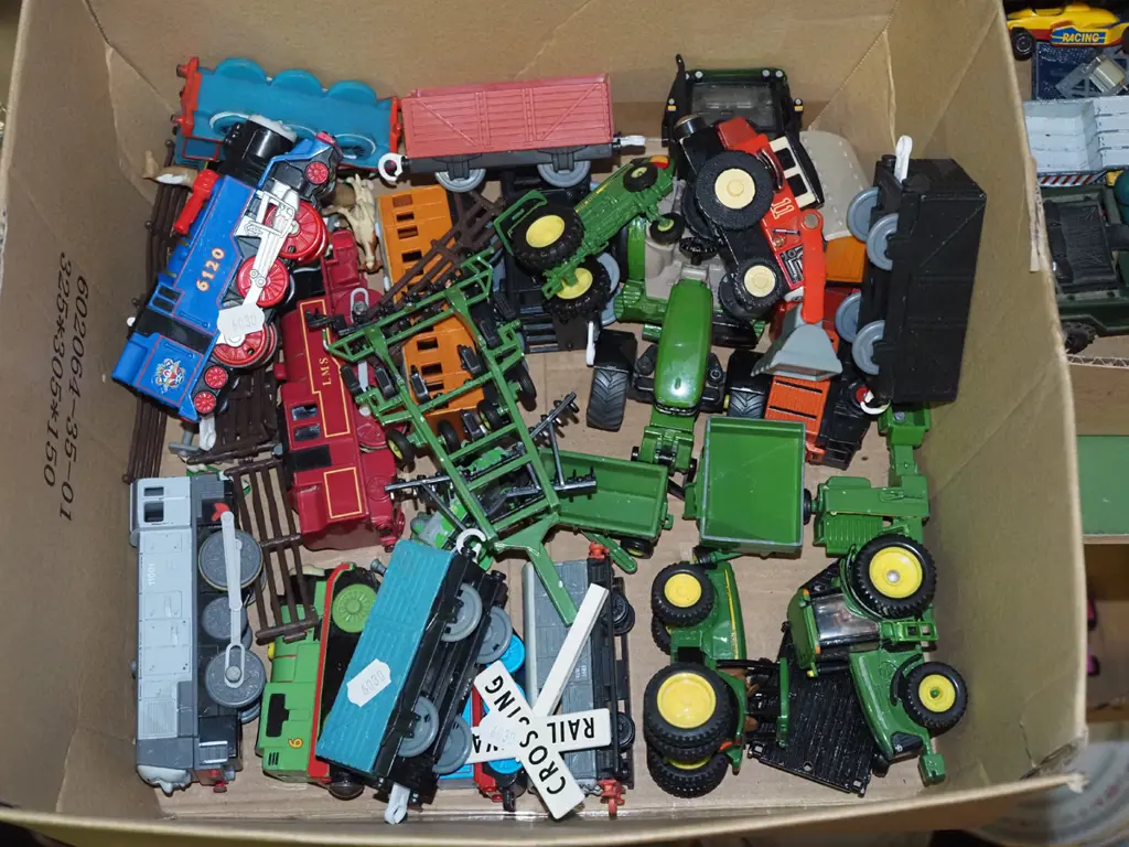 box; die-cast farm vehicles, Thomas the Tank engine train, carriages etc. Image 1++