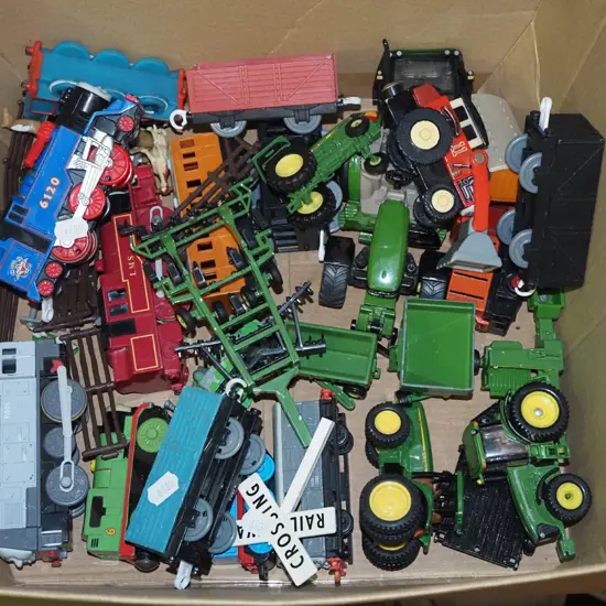 box; die-cast farm vehicles, Thomas the Tank engine train, carriages etc.