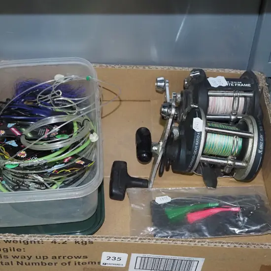box; fishing reels, fishing jigs