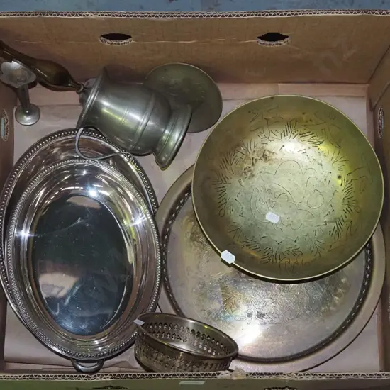 box; brass bowl, copper tray, plated trays etc