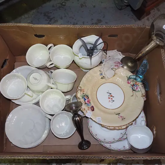 box; Villeroy and Boch cups, saucers, plates, plated vase etc