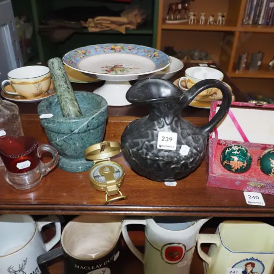 small jug, stone mortar and pestle, compass etc
