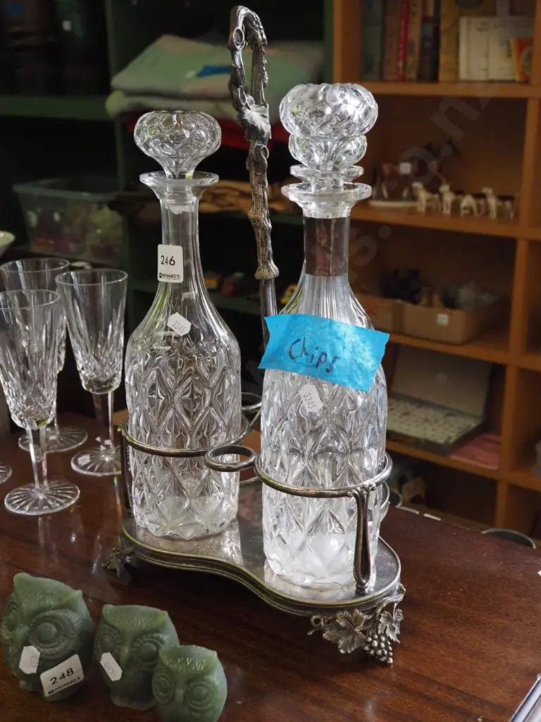 3x glass decanters, plated ware carry tray - some chips Image 1++