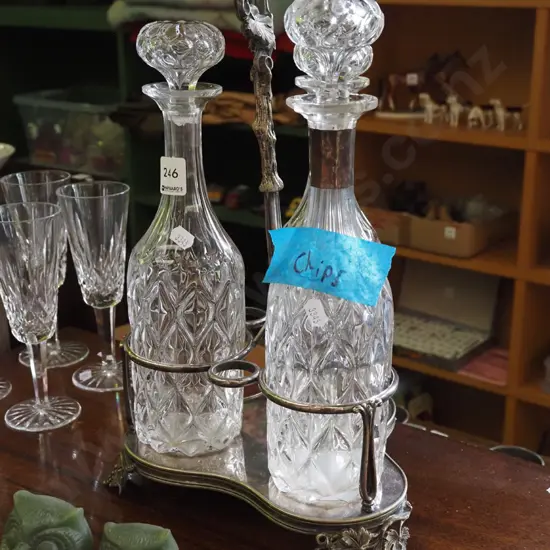 3x glass decanters, plated ware carry tray - some chips