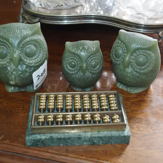 3x carved stone wowls, small brass abacus