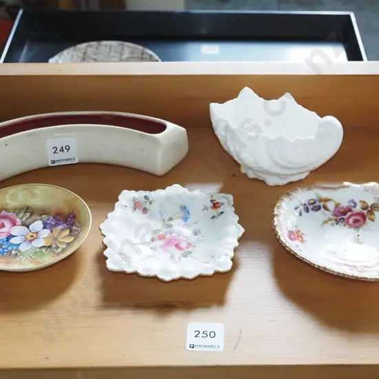 Poole trough vase, floral pin dishes, Coalport shell vase